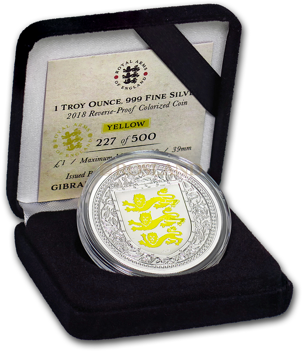 1 Unze Silbermünze Royal Arms of England 2018 PP (Gelb, Box, Zertifikat)