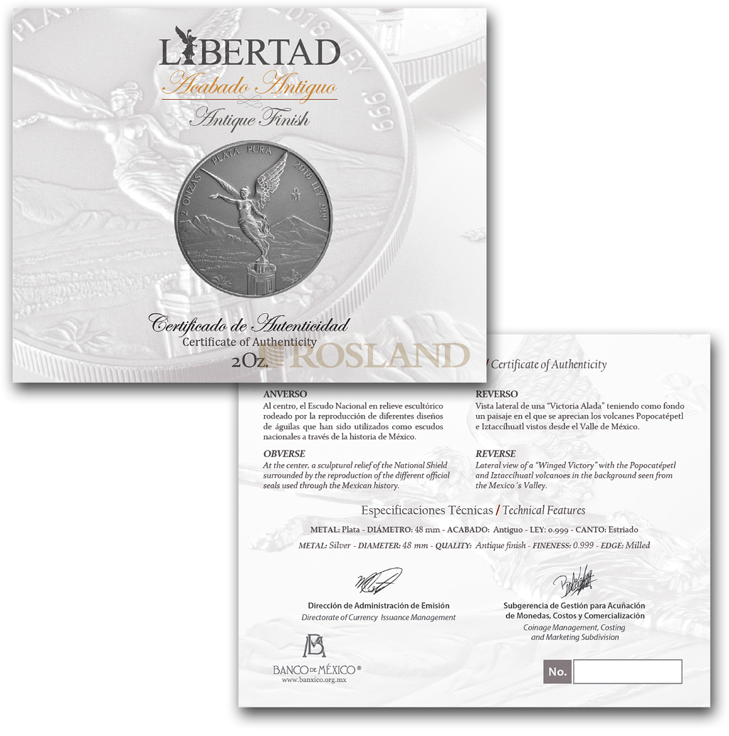 2 Unzen Silbermünze Mexican Libertad Antik Design 2018 (Box, Zertifikat)