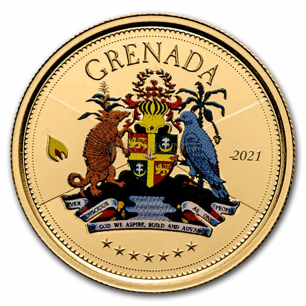 1 Unze Goldmünze EC8 Grenada Coat of Arms 2021 PP (Koloriert, Box, Zertifikat)