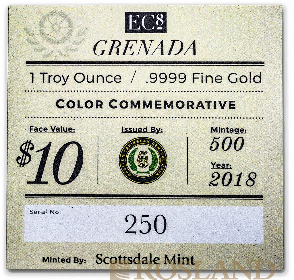 1 Unze Goldmünze EC8 Grenada Diving Paradise 2018 PP (Koloriert, Box, Zertifikat)