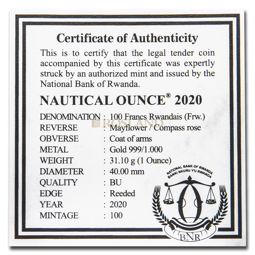 1 Unze Goldmünze Ruanda Nautical Mayflower 2020 (Box, Zertifikat)