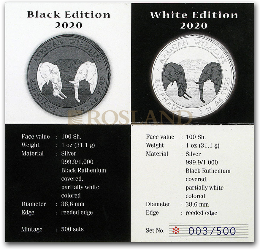 2 Silbermünzen Set Somalia Elefant Schwarz Weiß 2020 (Box, Zertifikat)