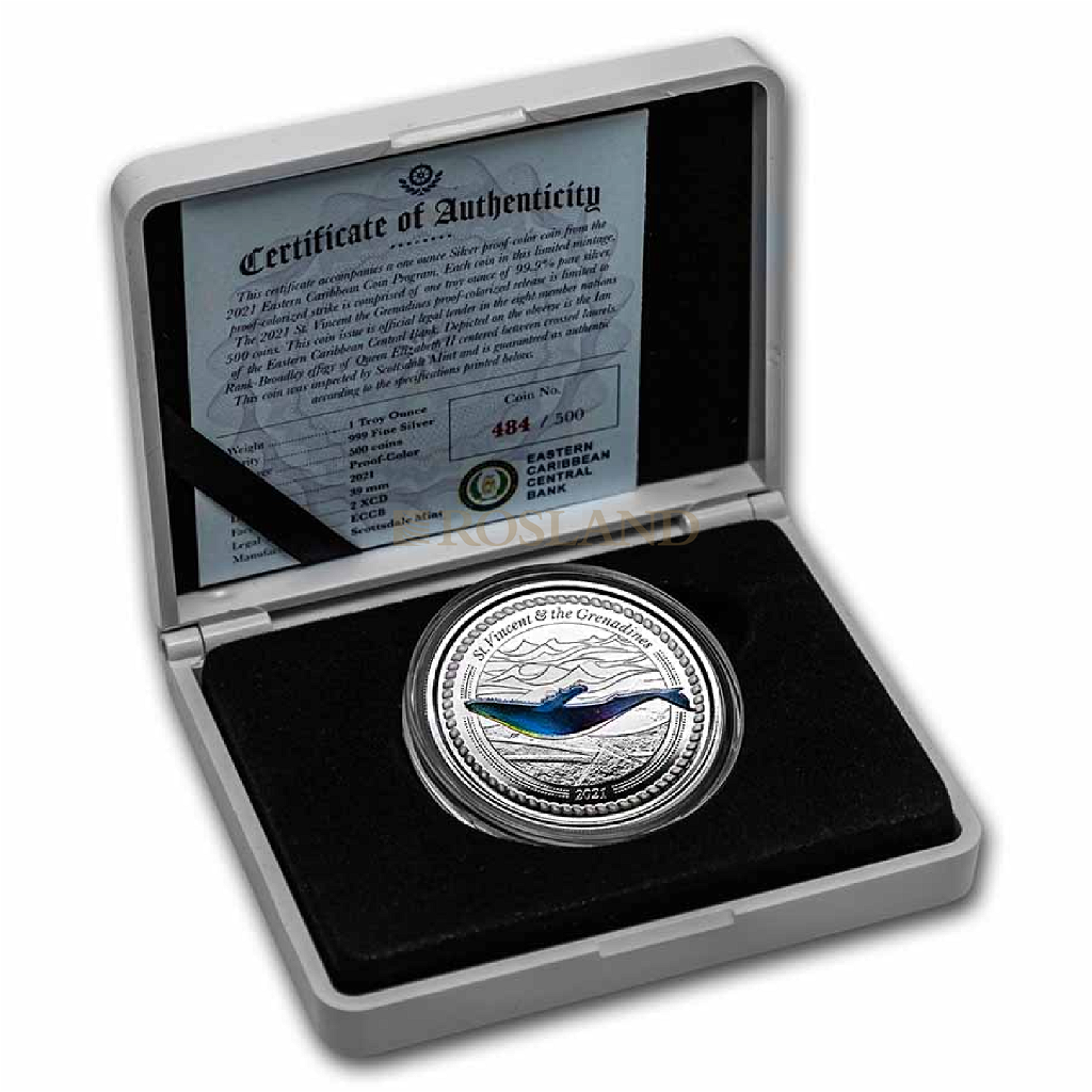 1 Unze Silbermünze EC8 St. Vincent & the Grenadines Humpback Whale 2021 PP (Koloriert, Box)